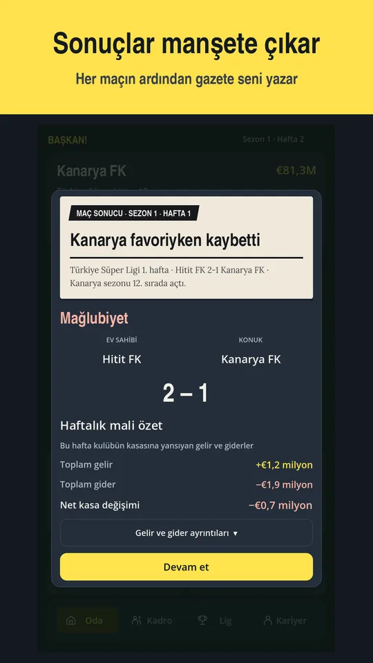Maç sonucu gazete manşetinde ve haftalık mali özet